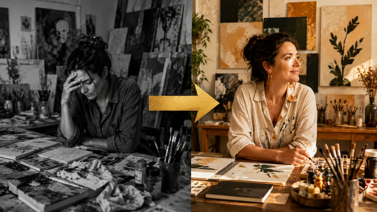 Artista antes, sobrecarregada no ateliê, e depois, confiante e com direção clara