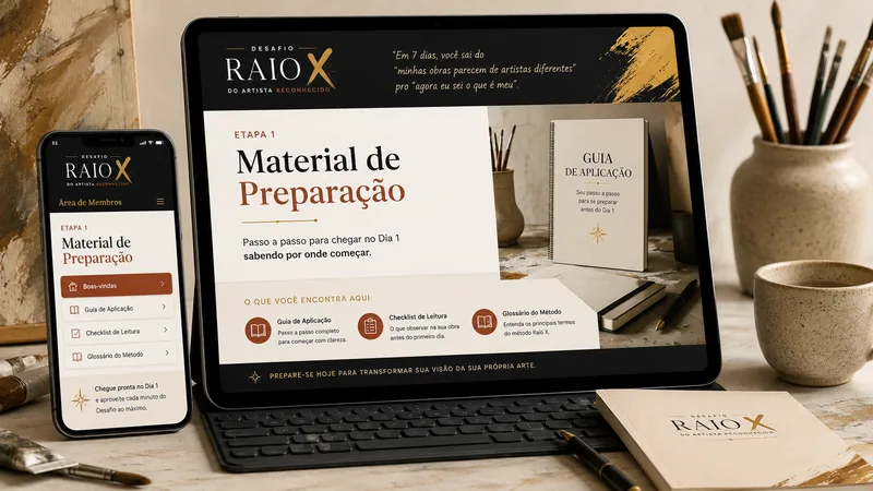 Mockup da área de membros com o Material de Preparação e o Guia de Aplicação