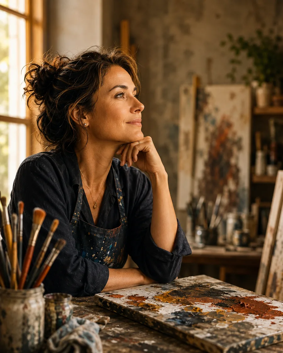 Artista pensativa no ateliê