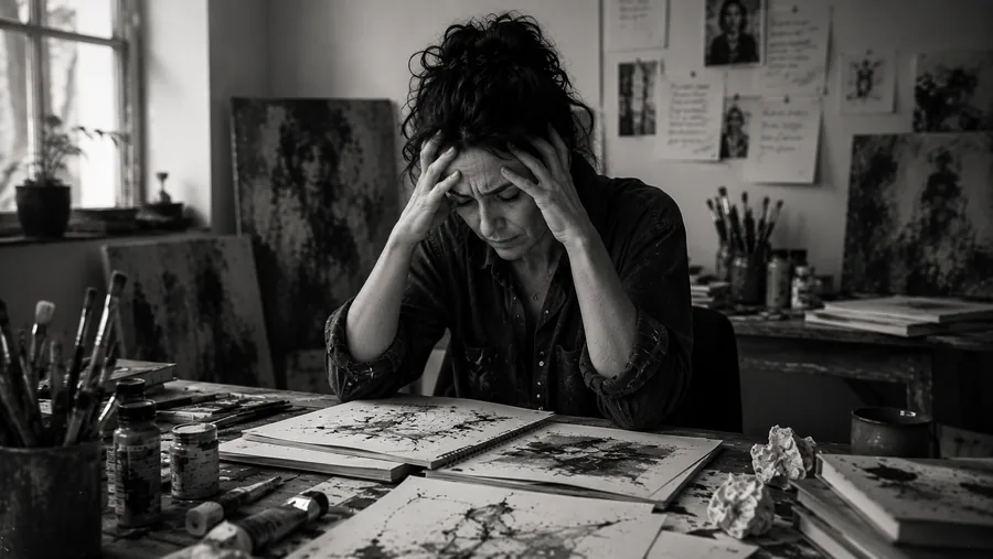 Artista com as duas mãos na cabeça, cercada de papéis amassados e tintas