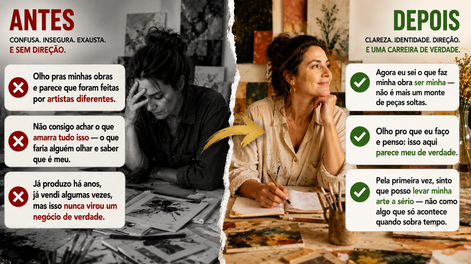 Comparação entre a artista antes — confusa, insegura e sem direção — e depois, com clareza, identidade e direção