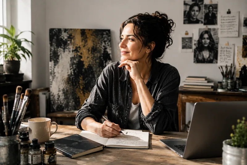 Artista planejando sua produção com caderno e notebook no ateliê