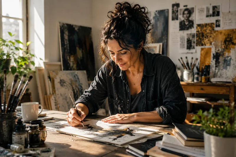 Artista trabalhando concentrada em uma obra no ateliê