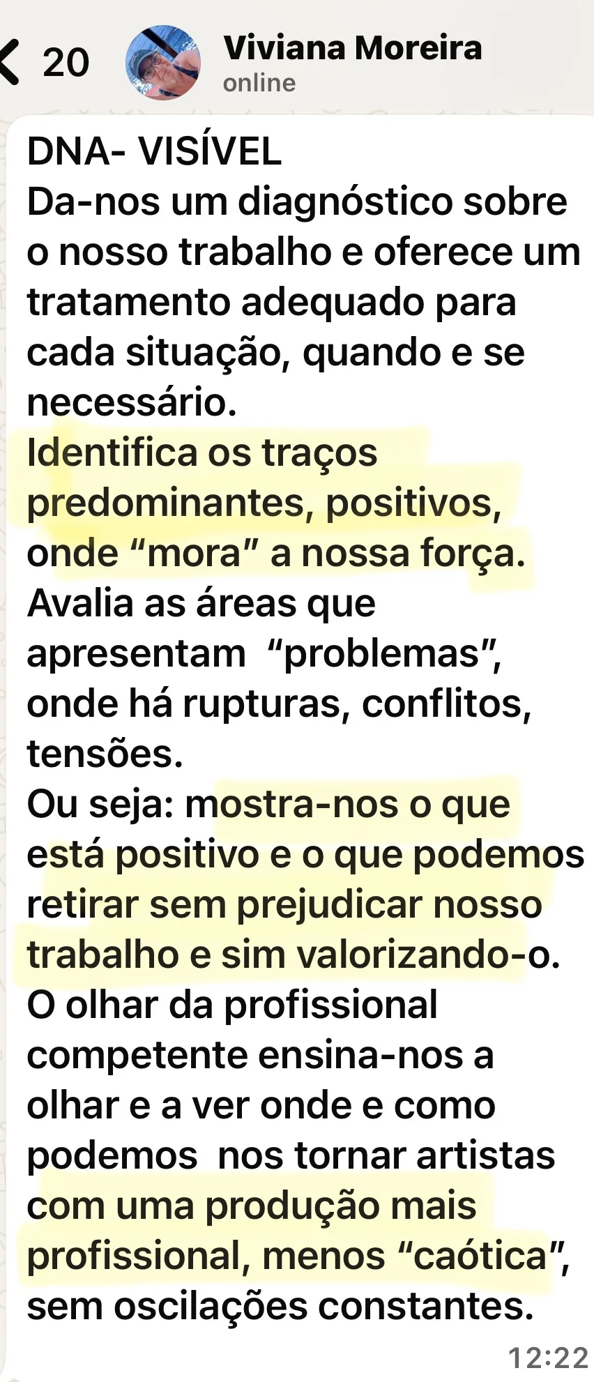 Print de conversa no WhatsApp com o depoimento de Viviana