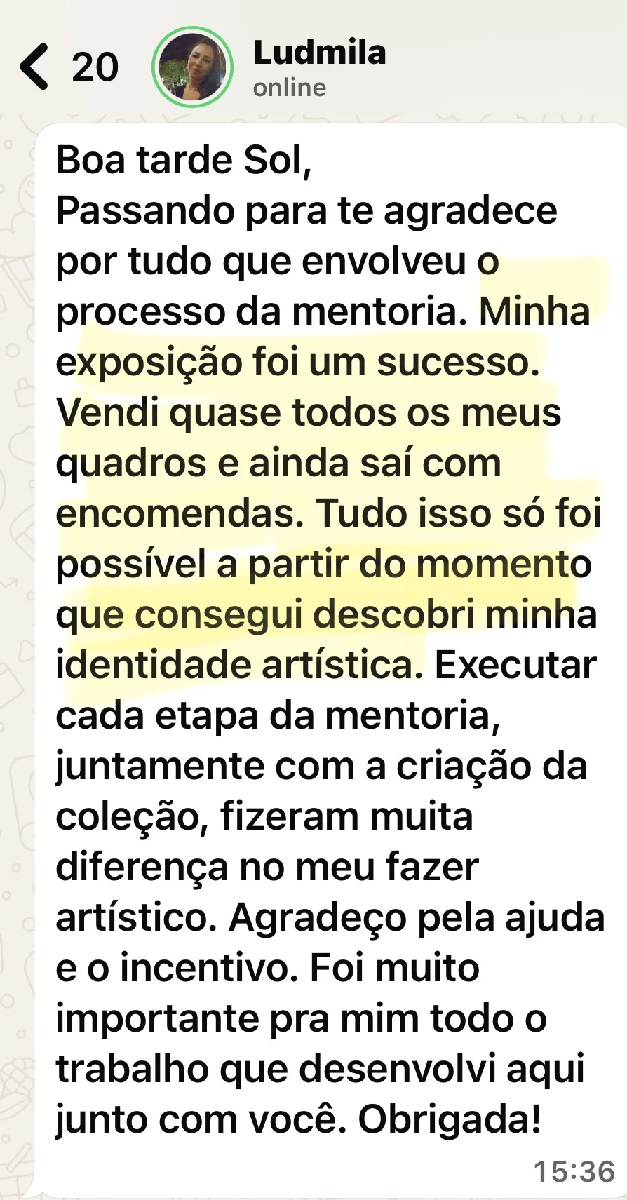 Print de conversa no WhatsApp com o depoimento de Ludmila