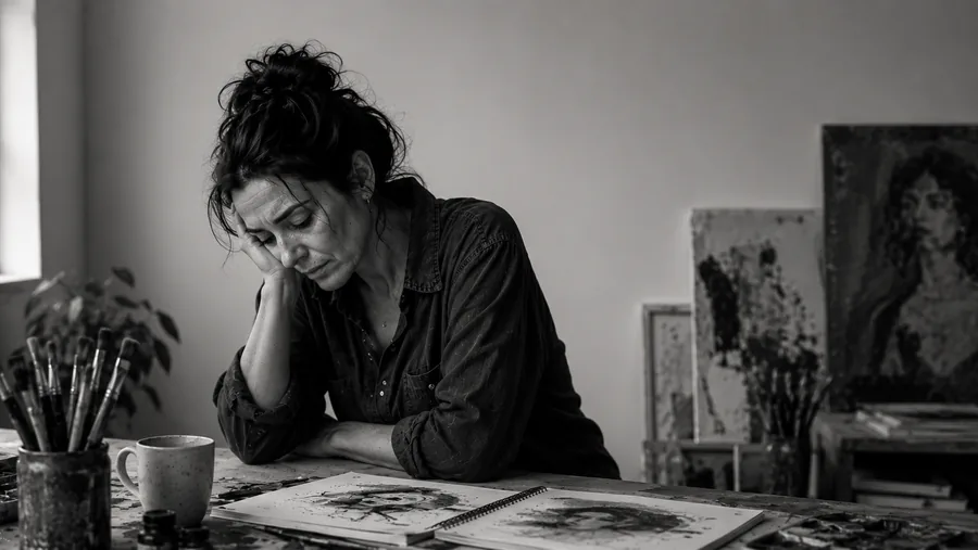Artista apoiada na mesa, olhando cansada para os próprios desenhos