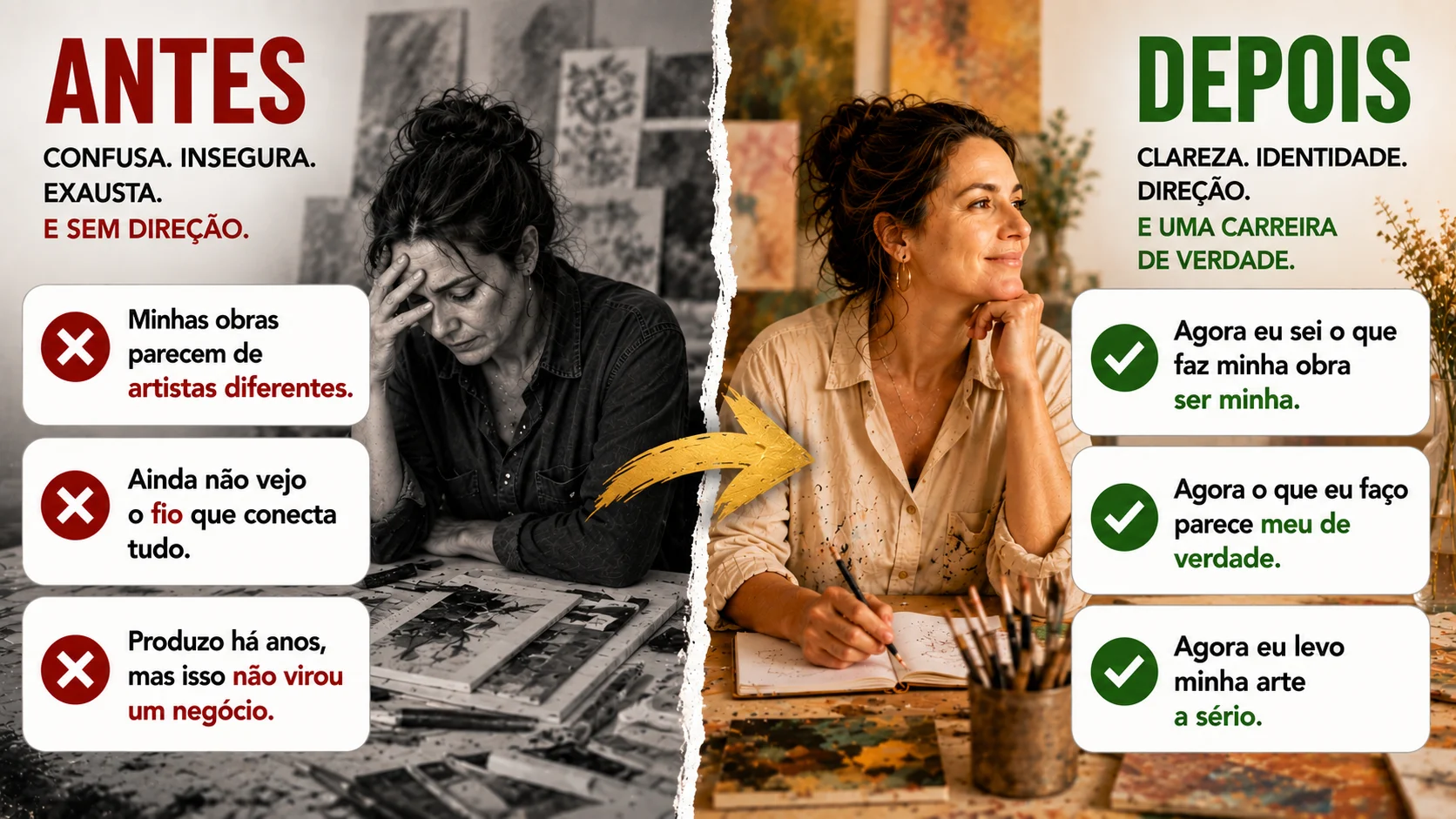 Comparação entre a artista antes — confusa, insegura e sem direção — e depois, com clareza, identidade e direção