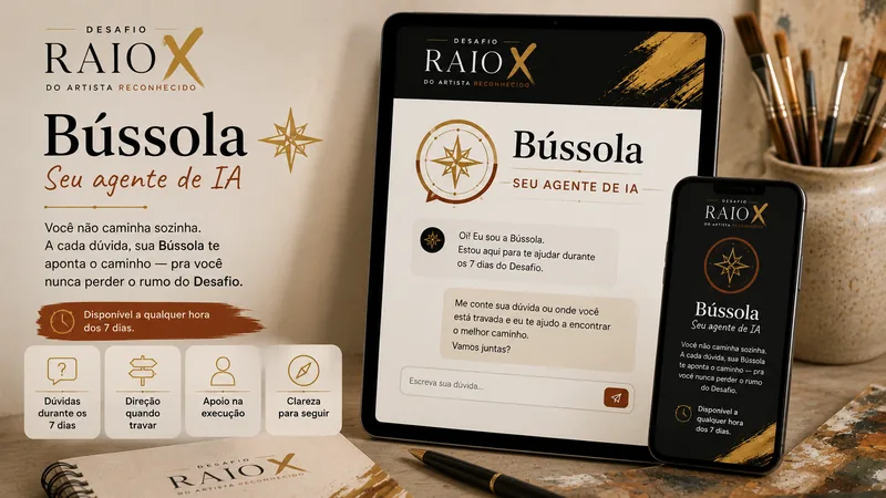 Mockup da Bússola, agente de IA do Desafio, em tablet e celular