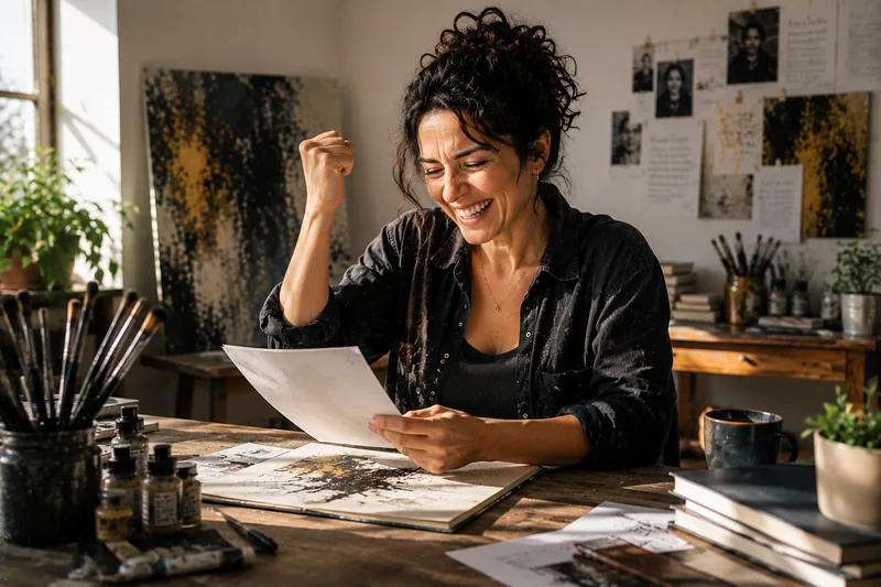 Artista comemorando ao ver o resultado da própria obra